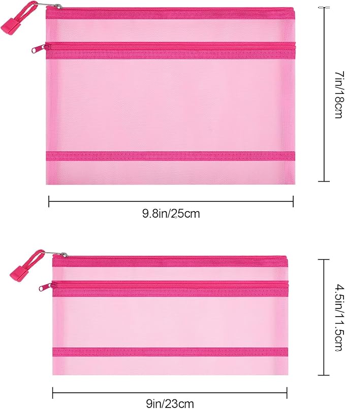 Sinzip 12 Pieces Zipper Nylon Mesh Pouch, Mesh Cosmetic Bags Makeup Bags Pencil Case, Multipurpose Travel Bags for Cosmetic School Office Supplies and Travel Accessories (2 Layers-Pink, A5)