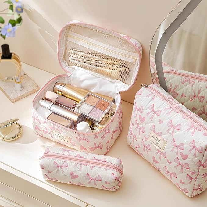 HBselect Quilted Makeup Bag, 3Pcs Cotton Large Travel Makeup Bags Organizer