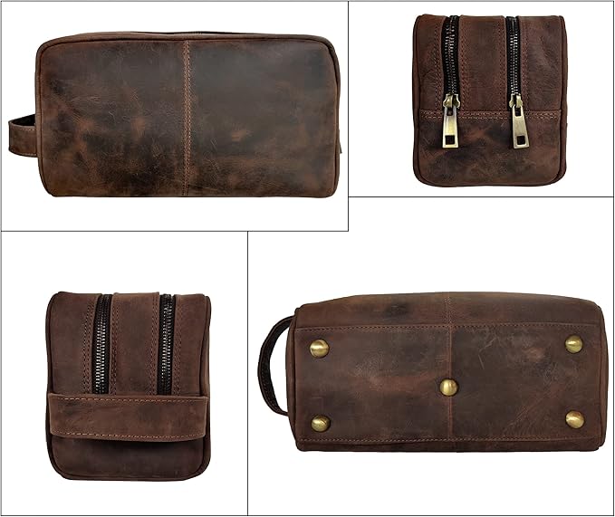 Leather Travel Toiletry Bag for Men, Full Grain Cosmetic Dopp Kit Organizer