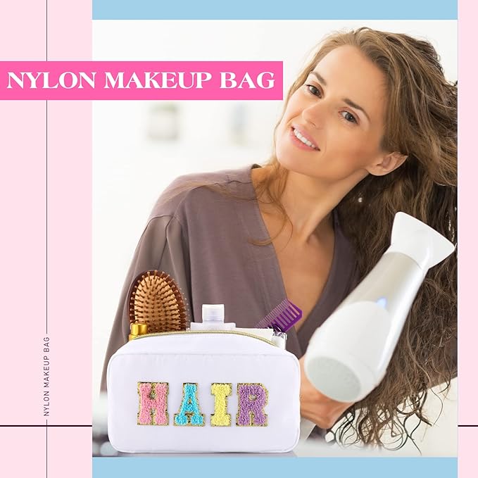 Cunno Preppy Makeup Bags Chenille Letter Stuff Bag Nylon Cosmetic Pouch Cases with Zipper for Women Travel Toiletry(Cute Color,Vivid,4 Pcs)