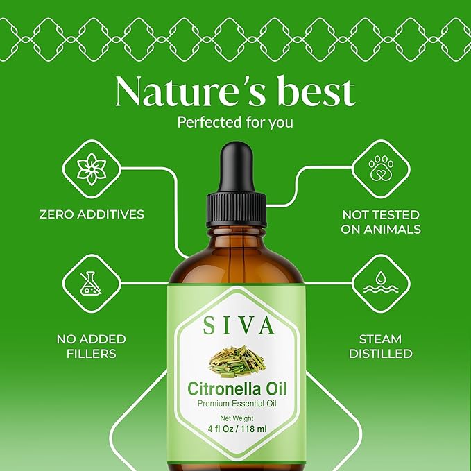 Siva Citronella Essential Oil, Glass Bottle with Dropper, 4 Fl Oz (118 ml)
