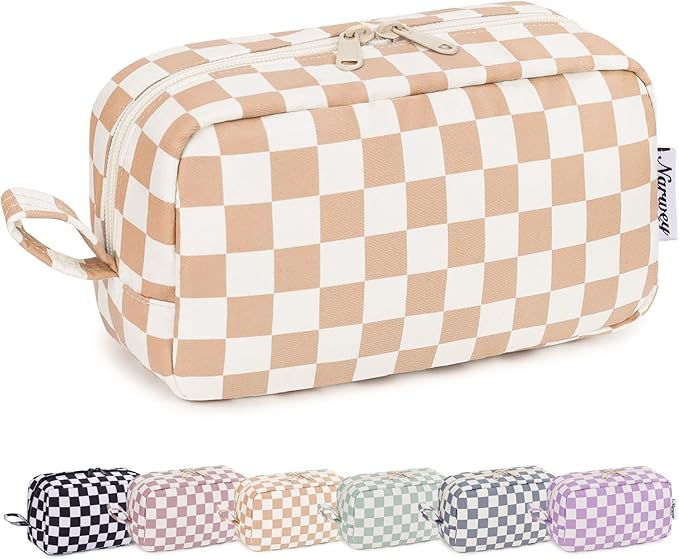 Narwey Checkered Makeup Bag Travel Cosmetic Bag Organizer, Toiletry Bag Make Up Bags with Organized Pockets for Women (Light Checkerboard, Large)