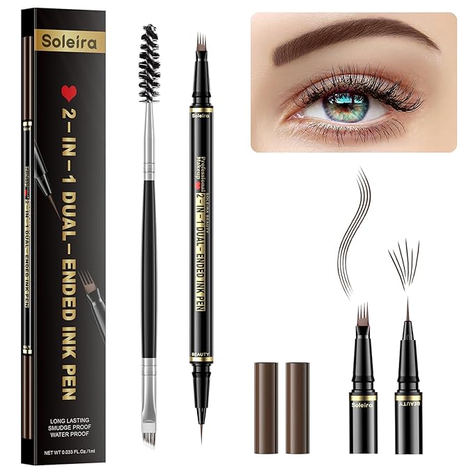 Eyebrow Pen, Soleira Waterproof Eyebrow Pencil with 4 Tip Microblading Eyebrow Pen and Dual-ended Eyebrow Brush, for Natural-Looking Brows, Long-Lasting, DNSO Dark Brown