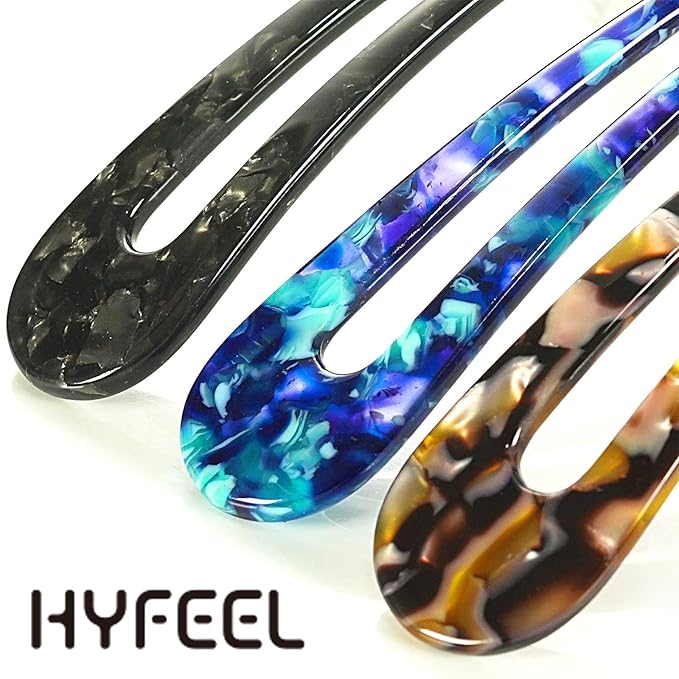 HYFEEL French Hair Forks Tortoise Shell U Shape Updo Hair Pins Clips for Thin Thick Hair, Long Classic 2 Prong Bun Hair Sticks Chignon Women Vintage Hairstyle Accessories, 3 Pack (Blue Brown Black)
