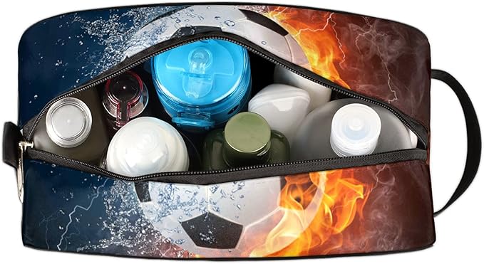Bardic Fire Soccer Ball Portable Travel Toiletry Bag, Ice Fire Football Dopp Kit Cosmetic Organizer Makeup Bag Shower Shaving Bag for Men Women
