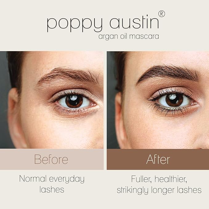 Poppy Austin Organic Waterproof Mascara, Natural, Vegan, Paraben-Free, Cruelty-Free - Hypoallergenic Mascara Lengthening & Volumizing with Argan Oil - 0.31 Fl Oz (Black)