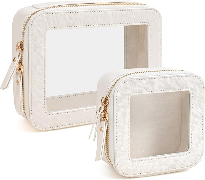 KOTORA Clear Makeup Bag Organizer Set,Portable Travel Toiletry Case for Women, Vegan Leather Cosmetic Pouch Car Bag for Essentials Car Accessories for Women Girls(White)