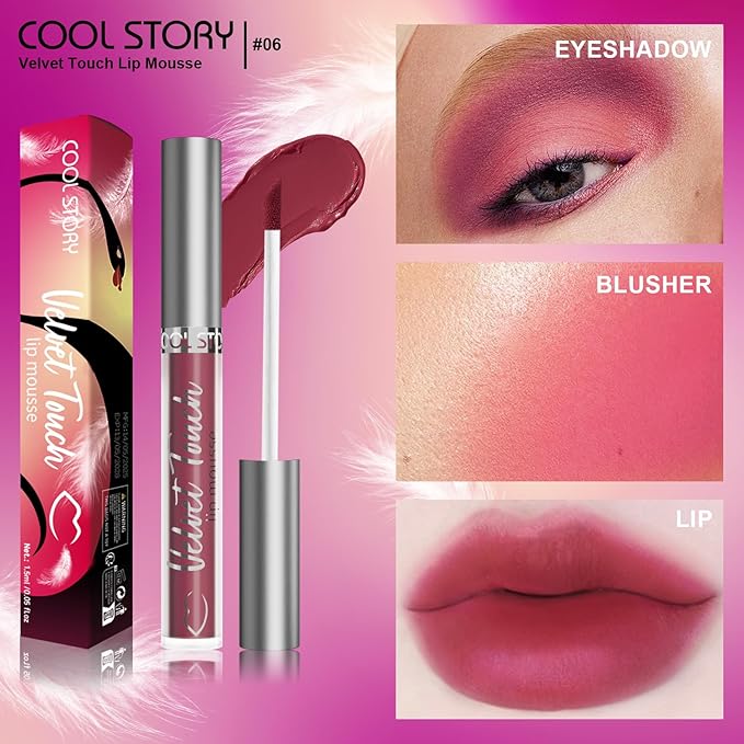 COOL STORY #06 Deep Rose Cherry Velvet Lip Mousse, Matte Lip Mud Lipstick, Smooth Easy‑Glide Lip Color, Waterproof Long Lasting Transfer‑Resistant Lip Gloss for Women Daily Makeup
