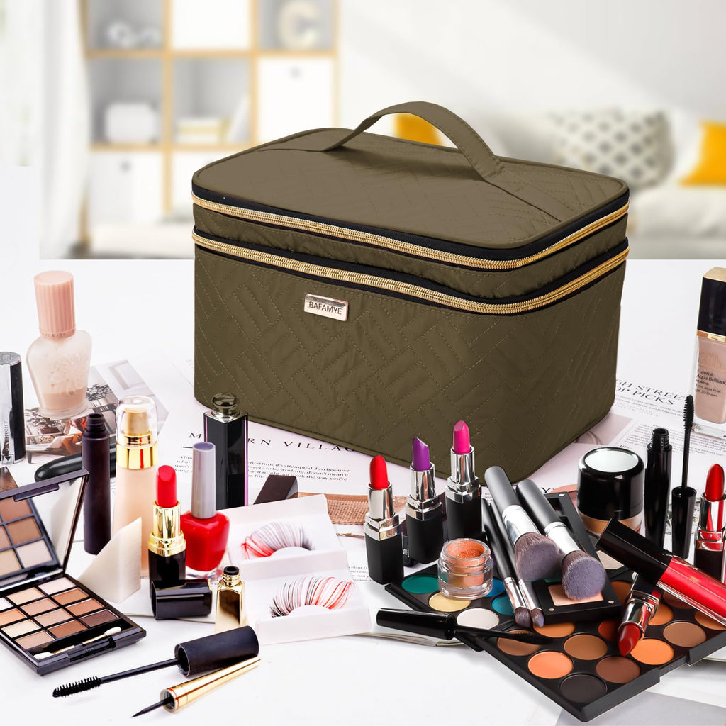 BAFAMYE 8.8L Double Layer Travel Makeup Bag With Mirror For Women, Large Cosmetic Case, Organizer for Travel-Size Accessories Bottles, Brushes,and Skin Care Products, 2.33 GAL, Brown…