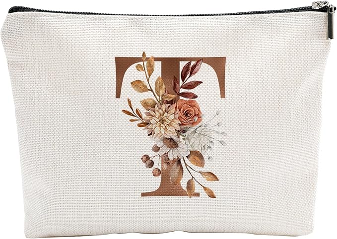 YKYENR A-Z Boho Personalized Cosmetic Bag-Floral Cotton Letter Makeup Bag With Zipper-Artistic Cosmetic Bag For Travel-Bride,Birthday Gift For Women Daughter Friends-Women Makeup Organizer-A20