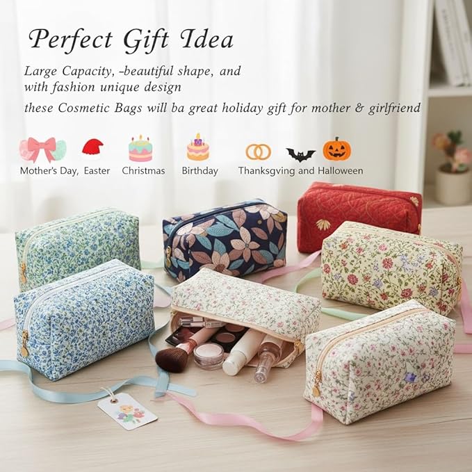 OIMEI Floral Quilted Cotton Makeup Bag for Women, Large Capacity Travel Cosmetic Pouch with Zipper, Cute Toiletry & Brush Organizer, Kawaii Makeup Storage Case – Yellow Sun Flower