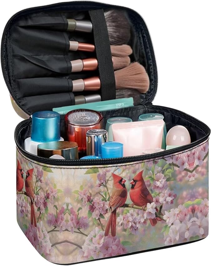 Drydeepin Cardinal Pink Cherry Blossom Print Travel Makeup Bags for Women Portable Tote Cosmetic Case with Carry Handle Toiletry Accessories Storage Organizer Bags