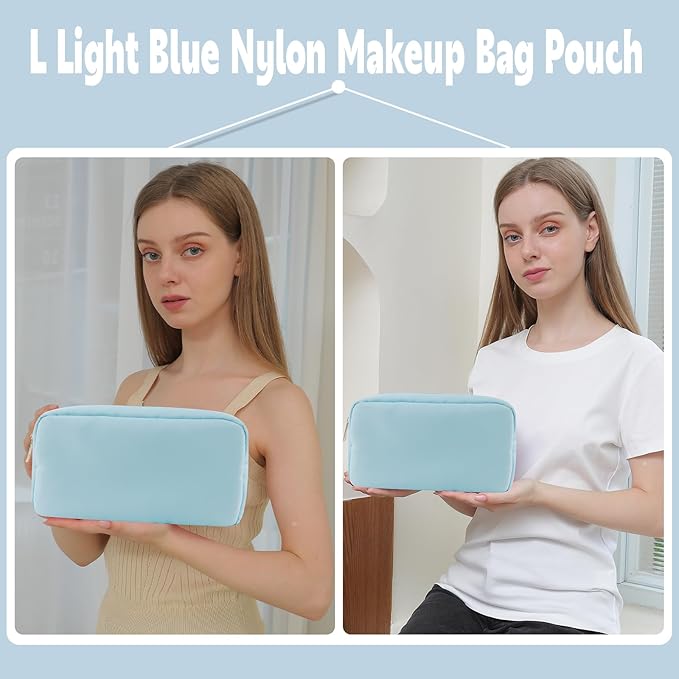 YogoRun Preppy Stuff Makeup Bag Travel Toiletry Bag for Women Water-resistant Nylon Zipper Cosmetic Pouch with Four Pockets L, Light Blue