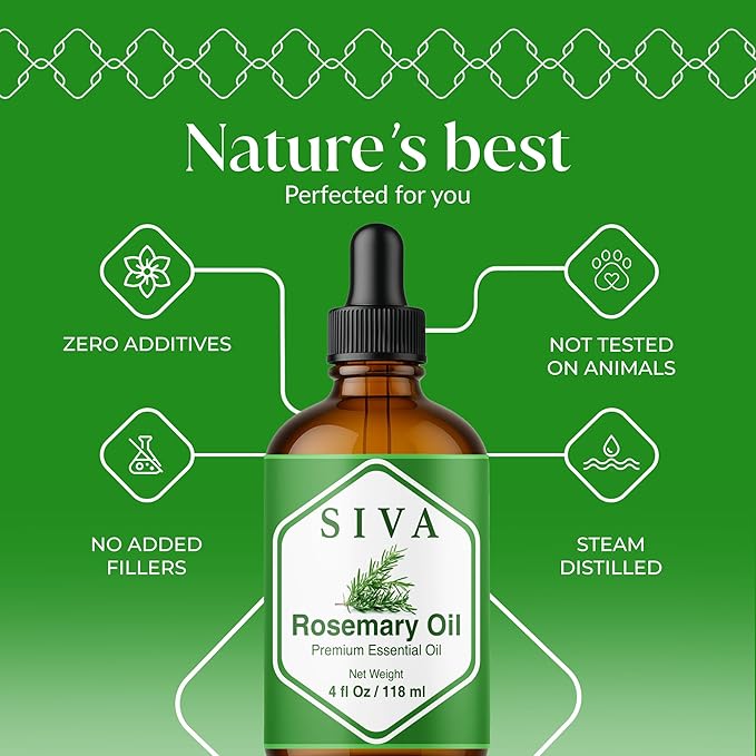 Siva Rosemary Essential Oil 4 Fl Oz – for Diffuser, Skin & Hair Care – Ideal for Massage & DIY Blends- with Dropper
