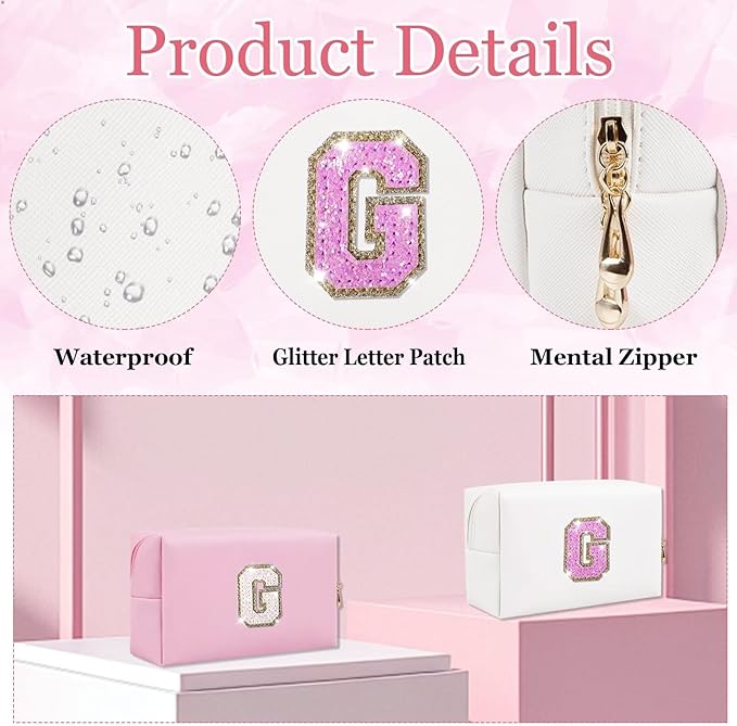 Glitter Initial Letter Makeup Bag, Small Personalized Sequins Letters PU Leather Cosmetic Bag Portable Waterproof Makeup Zipper Pouch, Shine Handbag Organizer Travel Bag Gifts for Women&Girls(White-G)
