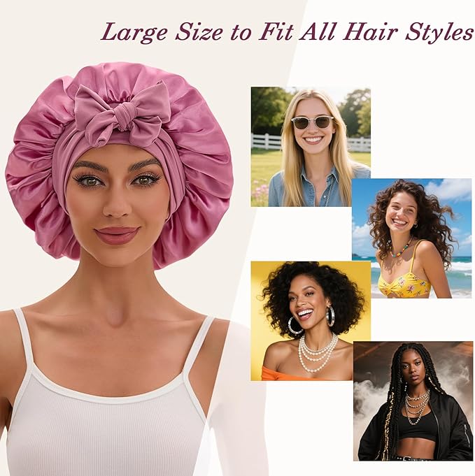 YOHTAS Satin Hair Bonnet for Sleeping Women, Double Layer Silk Bonnets for Women with Tie Band, for Braids Curly Long Hair