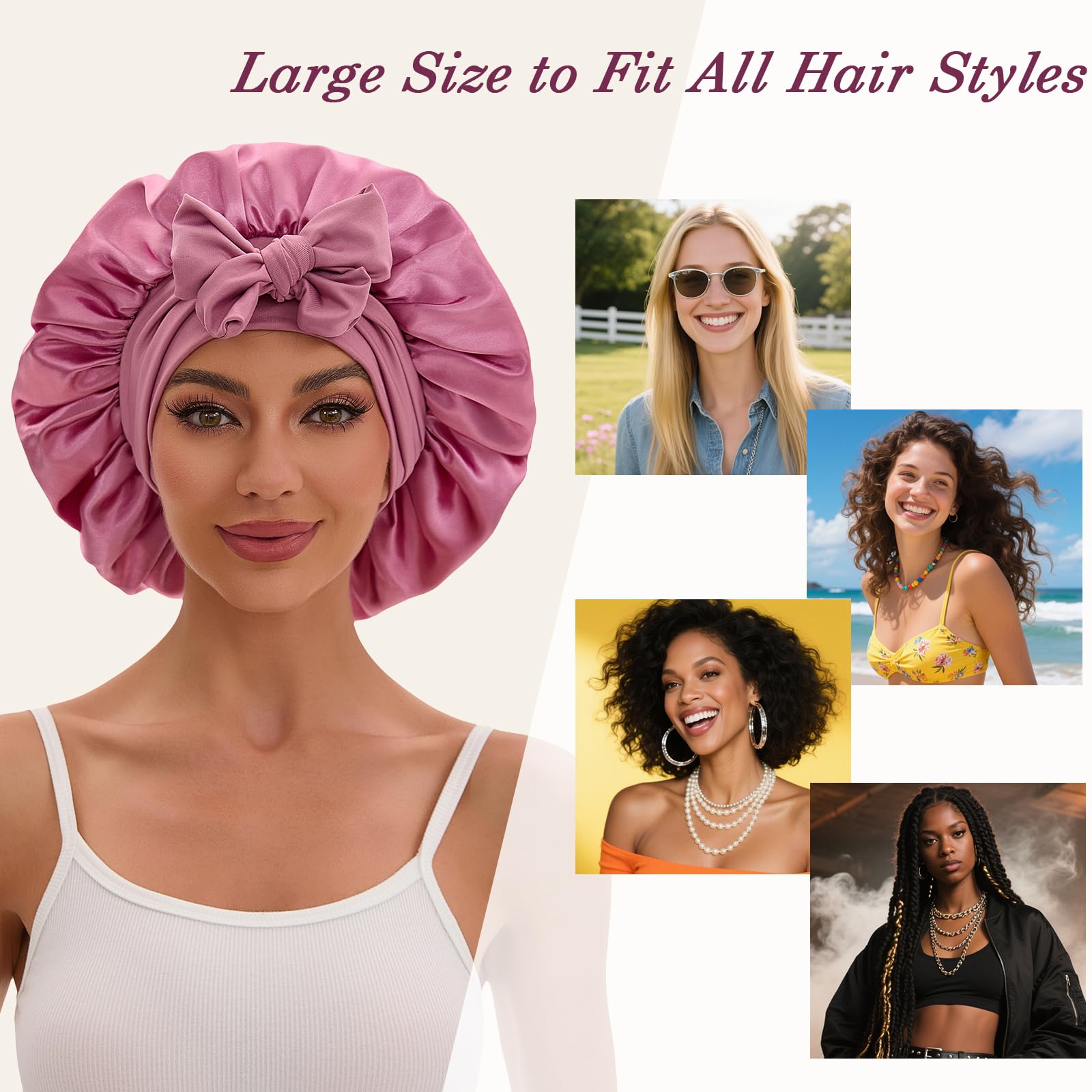 YOHTAS Satin Hair Bonnet for Sleeping Women, Double Layer Silk Bonnets for Women with Tie Band, for Braids Curly Long Hair