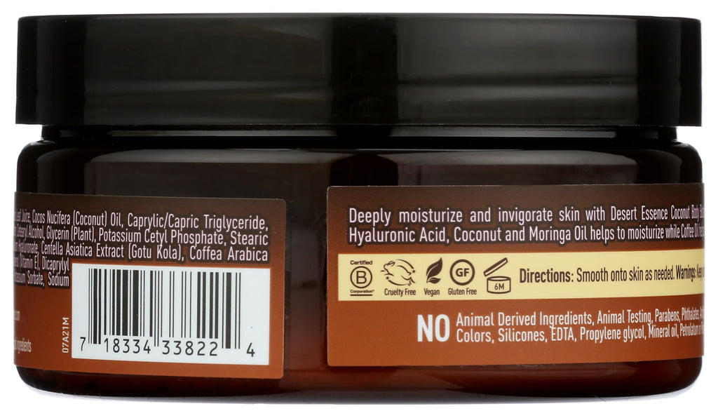 Desert Essence Coconut Body Butter 7.5oz - Hyaluronic Acid & Coffee Oil - Deeply Moisturizing and Nourishing - Moisture Rich Botanicals Coconut Oil & Moringa Oil - Helps Firm, Smooth and Hydrate