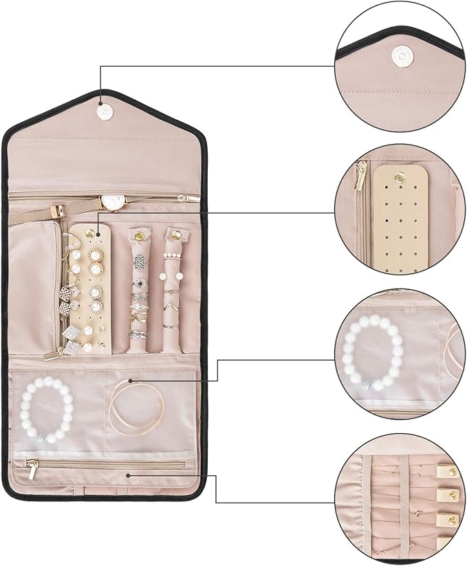 BAGSMART Travel Jewelry Organizer Roll Foldable Jewelry Case,Black
