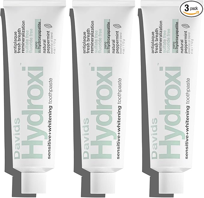 Davids Hydroxi Fluoride Free Nano Hydroxyapatite Toothpaste for Remineralizing, Sensitive Support, Whitening, Antiplaque, SLS Free, Natural Peppermint, 4oz, Made in USA (3 Pack)