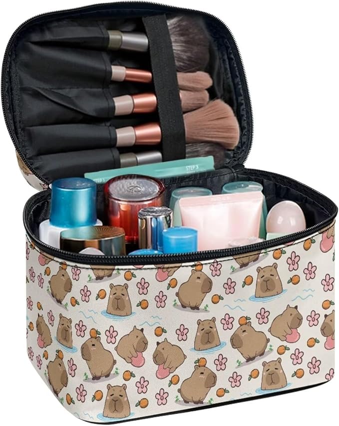 JoyLamoria Lightweight Cosmetic Case Travel Makeup Bag Cosmetic Pouch Tote Purse Cosmetic Bag with Floral Hippo Print