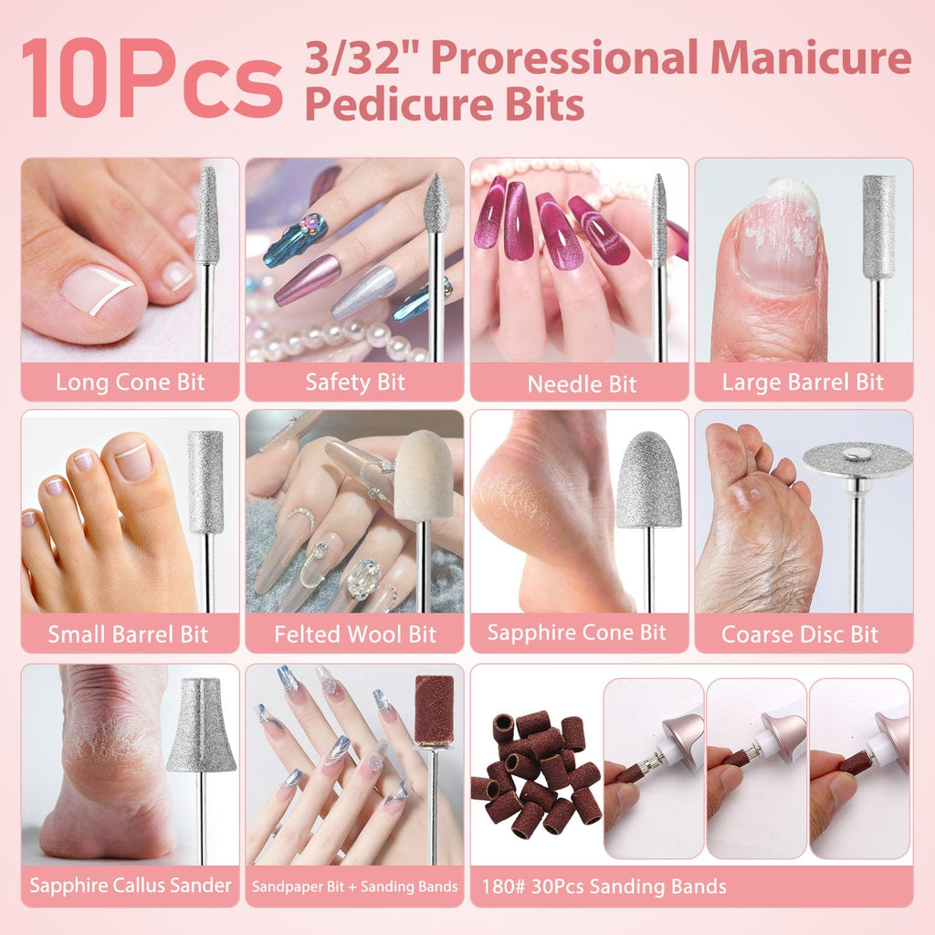 ZABOUL Electric Nail Drill Kit, Professional Manicure Pedicure Rechargeable & Cordless Nail File Buffer for Acrylic Nails Gel Polishing Removing Manicure Salon Home