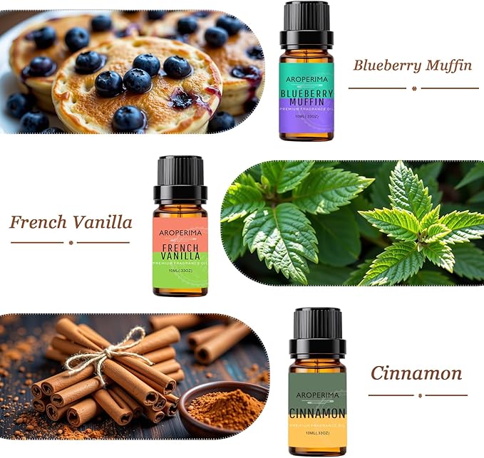AROPERIMA Coffee Shop Fragrance Essential Oil Set - Mocha Coffee, Gingerbread, Hot Chocolate, Blueberry Muffin, French Vanilla, Cinnamon 6x10ML for Diffusers, Aromatherapy, Massage