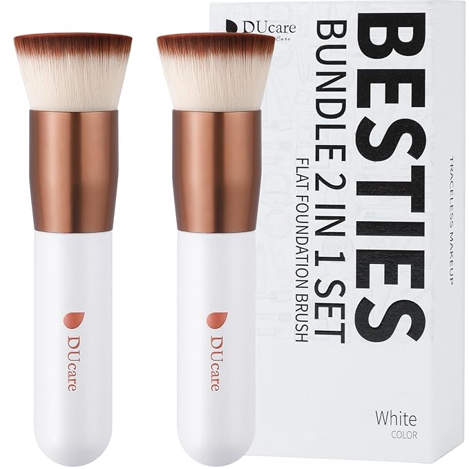 DUcare Foundation Brush 2pcs Flat Top Kabuki Brush Self Tanner Professional Face Brush Liquid Blending Mineral Powder Buffing Stippling Makeup Tools