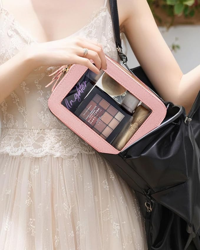 Clear Makeup Bag Set, Small Pink Makeup Bag TSA Approved Toiletry Bag Cosmetic Travel Bag Cute Makeup Organizer Mini Makeup Case Pouch Car Organizer Car Essentials for Women American Mahjong Bag
