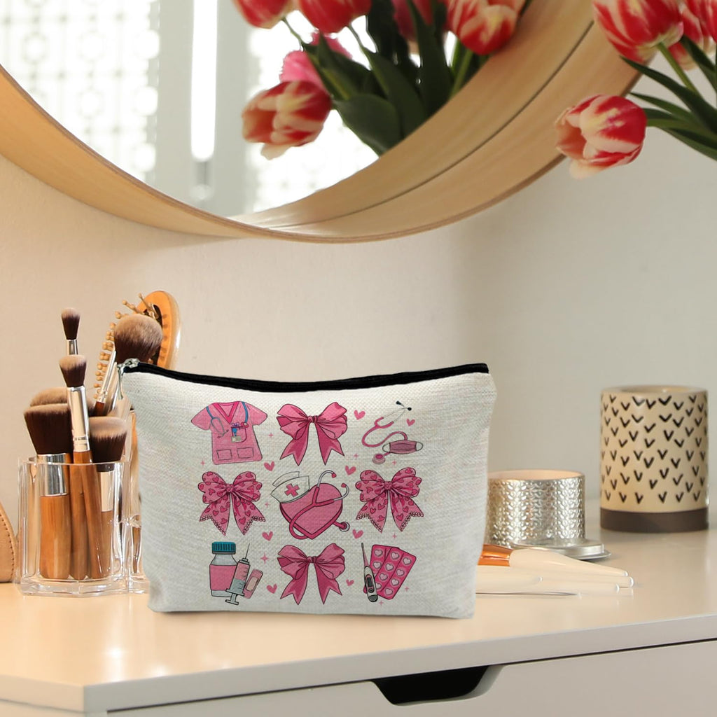 RYYCDOI Coquette Pink Bow Nurse Makeup Bag, Nurse Gifts for Women Cosmetic Bags, Nurse Week Gifts Makeup Pouch, Nurse Appreciation Gifts Zipper Pouch