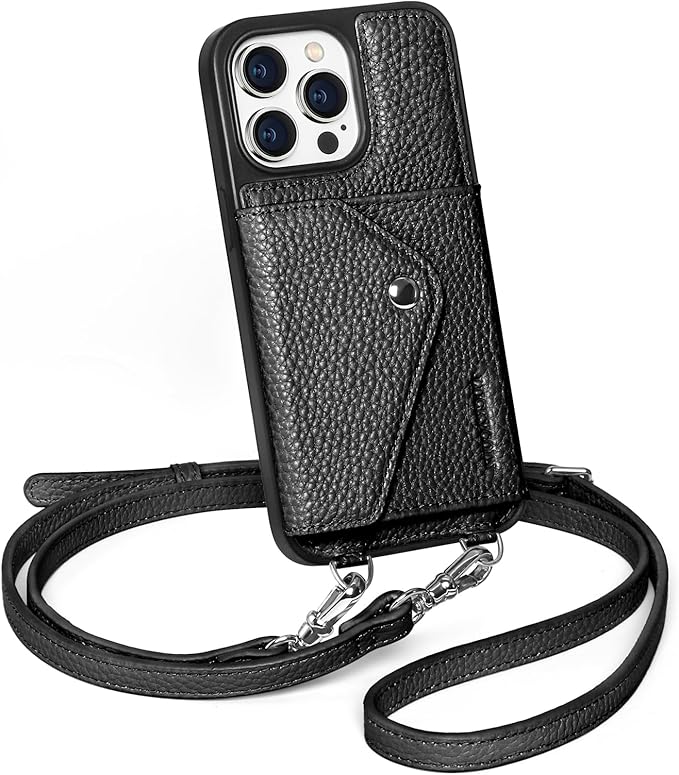 LUCKYCOIN Crossbody Wallet Phone Case for iPhone 14 Pro Max,100% Genuine Leather Wallet Phone Case with Expandable Flip Card Holder,Phone Purse for Women with Adjustable Removable Strap - Pebble Black