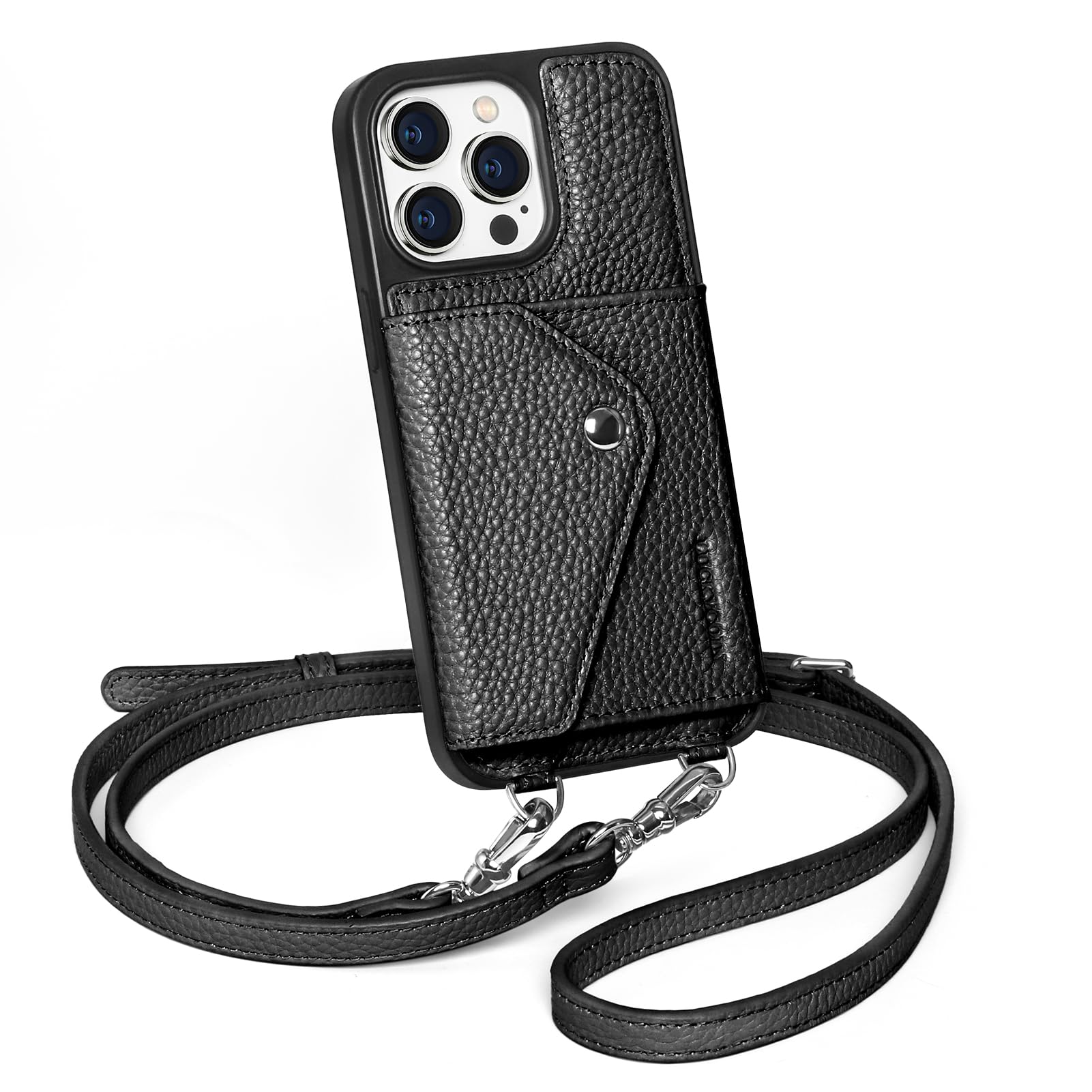 LUCKYCOIN Crossbody Phone Case for iPhone 15 Pro Max,100% Genuine Leather Phone Wallet Case for Women, Premium Hands-Free Phone Purse with Expandable Flip Card Holder & Adjustable Strap - Pebble Black