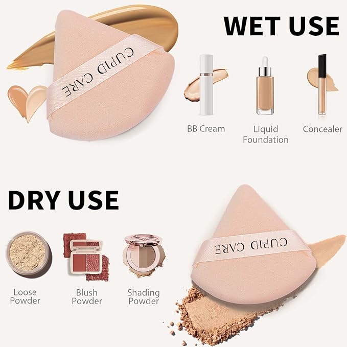 CUPID CARE 6 Pcs Triangle Powder Puff with 2 Travel Cases, Setting Powder Puffs for Face Powder and Foundation, Velour Makeup Puff for Loose Powder Body Powder, Skin-Friendly, Beauty Makeup Tools