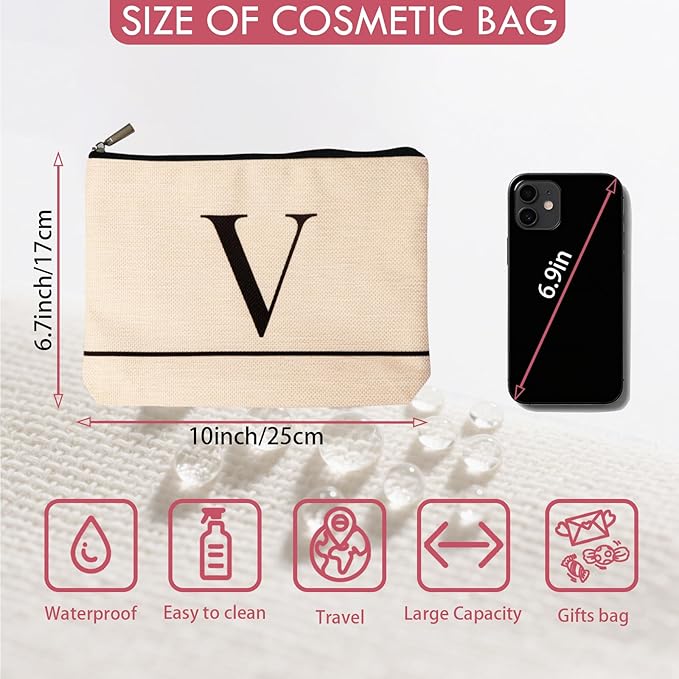 HDYHDY Letter A-Z Initial Personalized Makeup Bags, Birthday Gifts for Women, Monogrammed Gifts for Women Mom Sister Best Friend Bride Bridesmaid, Mothers Day, Christmas, Small Travel Cosmetic Bag (V)