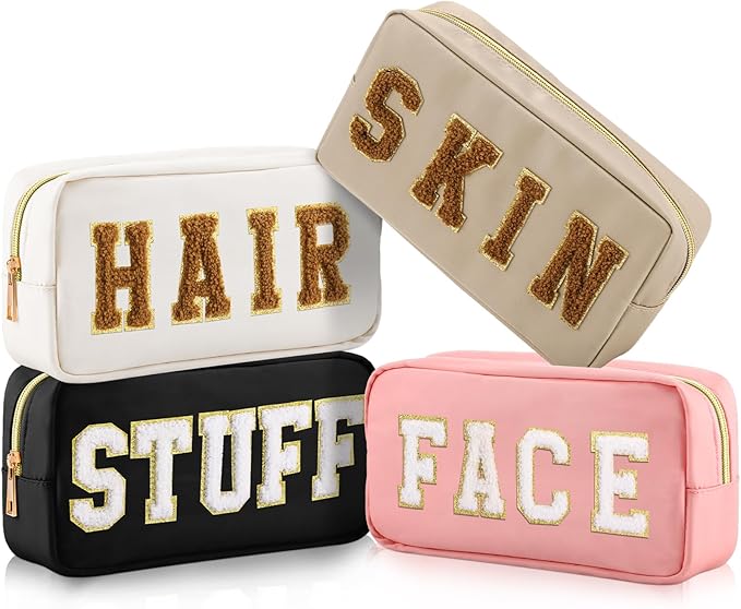 Cunno Preppy Makeup Bags Chenille Letter Stuff Bag Nylon Cosmetic Pouch Cases with Zipper for Women Travel Toiletry(Cute Color,Classic,4 Pcs)
