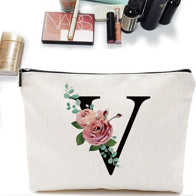 Comanro Initial A-Z Personalized Letter Makeup Bag, Monogrammed Bridesmaid Presents Cosmetic Bag, Portable Stationary Storage Organizer Pouch, Friendship LoveTravel Makeup Bags
