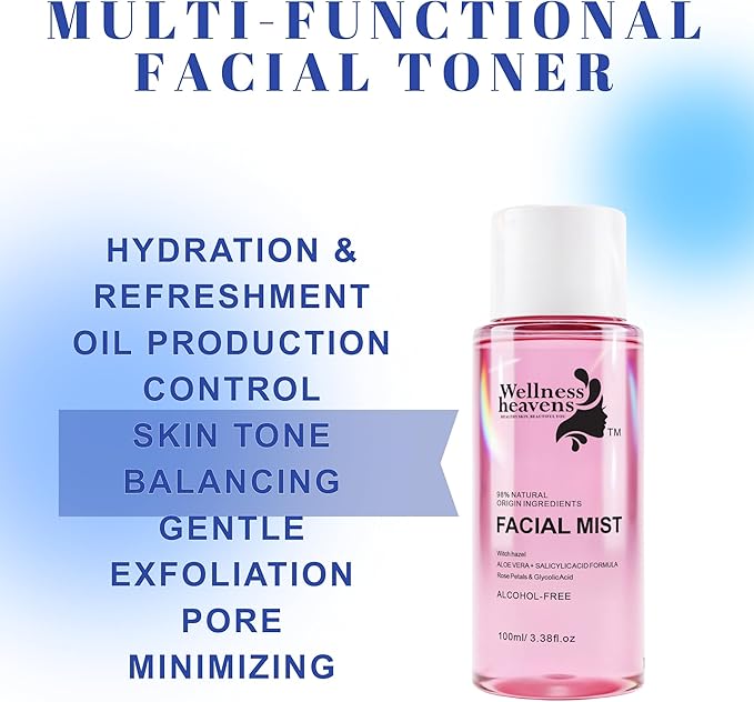 Wellness Heavens Hydrating Korean Facial Toner with Witch Hazel, Aloe Vera & Glycolic Acid – Alcohol Free Face Mist for Dry & Sensitive Skin, Pore Minimizing Daily Toner for Glowing Skin - 100ml