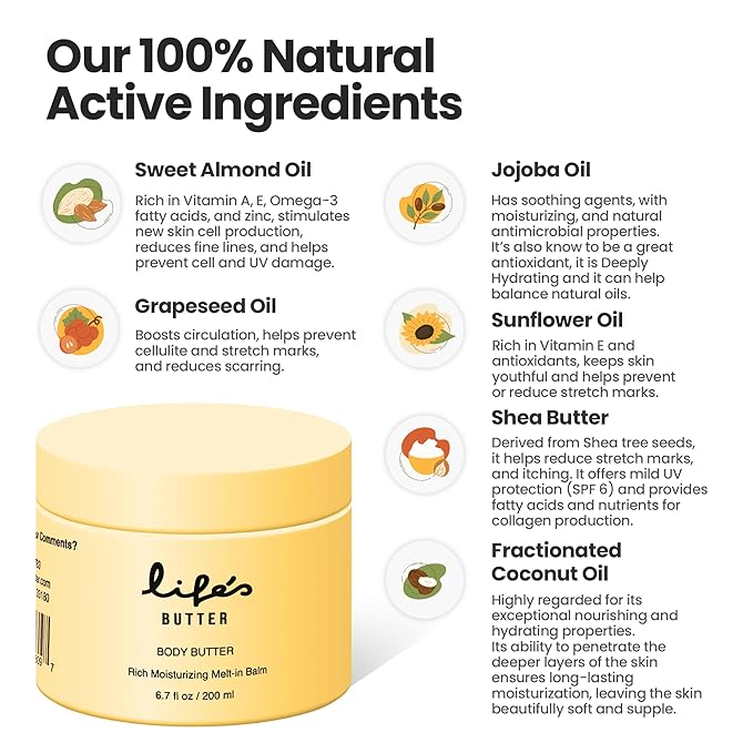 Life’s Butter Body Butter – Deeply Hydrating Moisturizer with Shea Butter, Jojoba & Sweet Almond Oil – Lightweight, Non-Greasy Body Cream – Developed & Manufactured in the USA – 6.7 oz