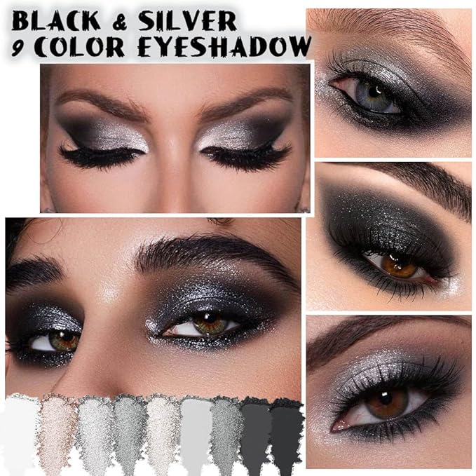 CAKAILA Black Silver Gray Smokey Eyeshadow Palette,Black and White and Sparkly Eye Shadow,Black Smokey Radiance Eyeshadow Palette,Long Lasting Waterproof Womens Eyeshadow Dark
