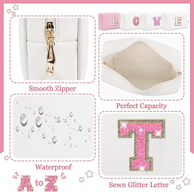 Personalized Initial Letter Makeup Bag, Small Preppy Glitter Letter Cosmetic Pouch PU Waterproof Zipper Travel Toiletry Bag, Unique Letter Patch Makeup Organizer Gift for Women Teen Girls(Letter T)