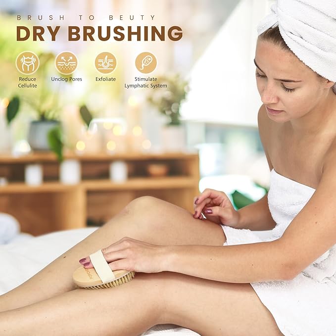 POPCHOSE Dry Brushing Body Brush, Natural Boar Bristle Exfoliating Brush