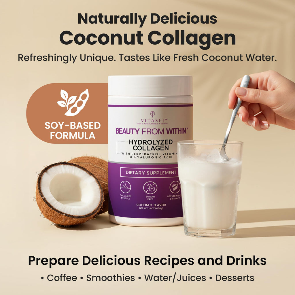 VITASEI Hydrolyzed Collagen Peptide Powder Drink – Soy-Based Coconut, 16oz