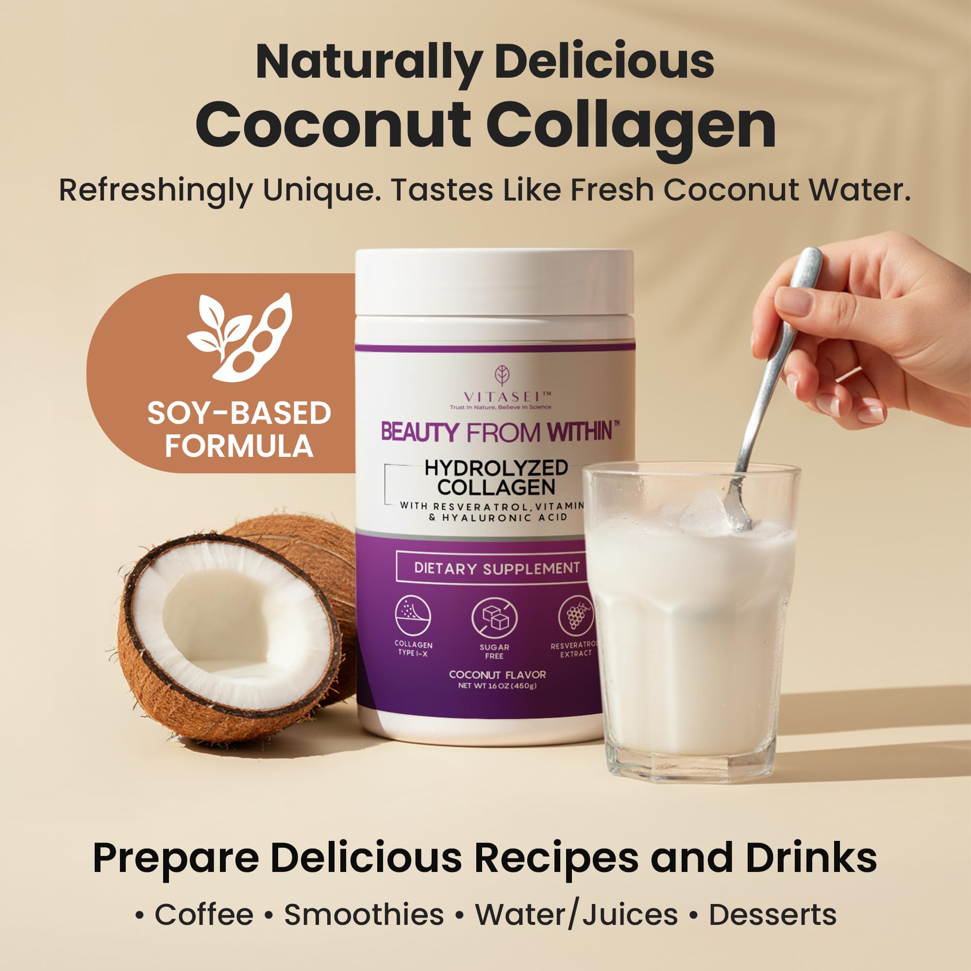VITASEI Hydrolyzed Collagen Peptide Powder Drink – Soy-Based Coconut, 16oz