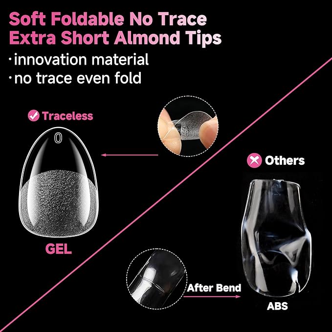 UNA GELLA Extra Short Almond Nail Tips, 312pcs XS Short Almond Gel Nail Tips, Pre-Shaped Half Matte Full Cover No Need File Soft Gel Clear Fake Nails for Nails Extension Home DIY Salon 12 Sizes