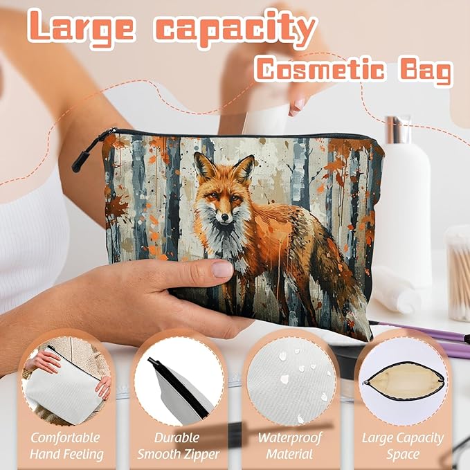 Scribesense Cosmetic Bags Travel Makeup Toilet Case Waterproof Pouch for Women Girls 6.7X9.45inches - Red Fox Gazing Intently in An Autumn Wilderness