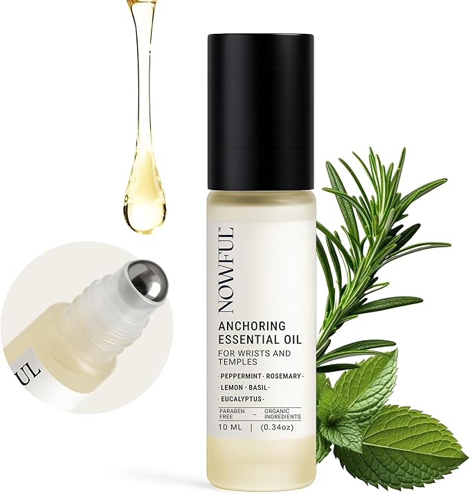 NOWFUL Anchoring Essential Oil Roll-On for Focus, Energy & Stress Relief - Awaken Senses with Pure Peppermint, Eucalyptus, Lemon & Rosemary Essential Oil Blend | Amplify Mood and Mental Clarity - 10ml