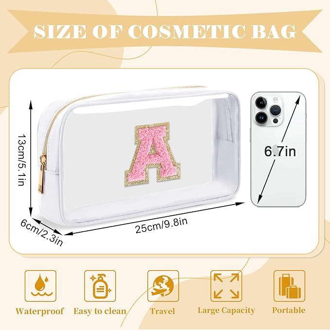 UIXIZQ Personalized Initial Letter Clear Makeup Bag,Preppy Small Nylon&PVC Cosmetic Zipper Bag with Chenille Letter,Travel Skincare Toiletry Bag,Monogram Christmas Gift for Teen Girls Women,A