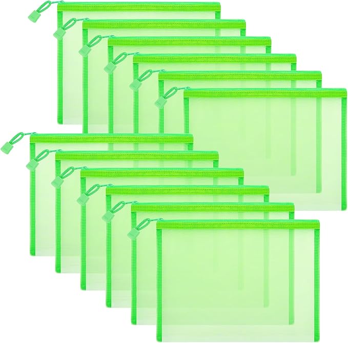 Sinzip 12 Pieces Zipper Nylon Mesh Pouch, Mesh Cosmetic Bags Makeup Bags Pencil Case, Multipurpose Travel Bags for Cosmetic School Office Supplies and Travel Accessories (Green, A5)