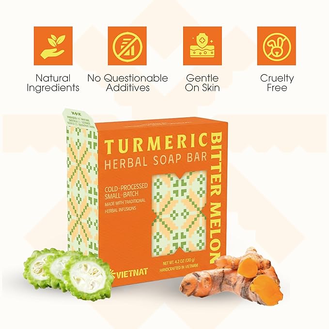 VIETNAT Bitter Melon & Turmeric Natural Bar Soap - 2-in-1 Luxurious Handmade Cold Process Soap Bar for Women's or Men's Body Wash - Refreshing Cleanse for Sweat, Oil & Buildup, 4.2 oz (120g)