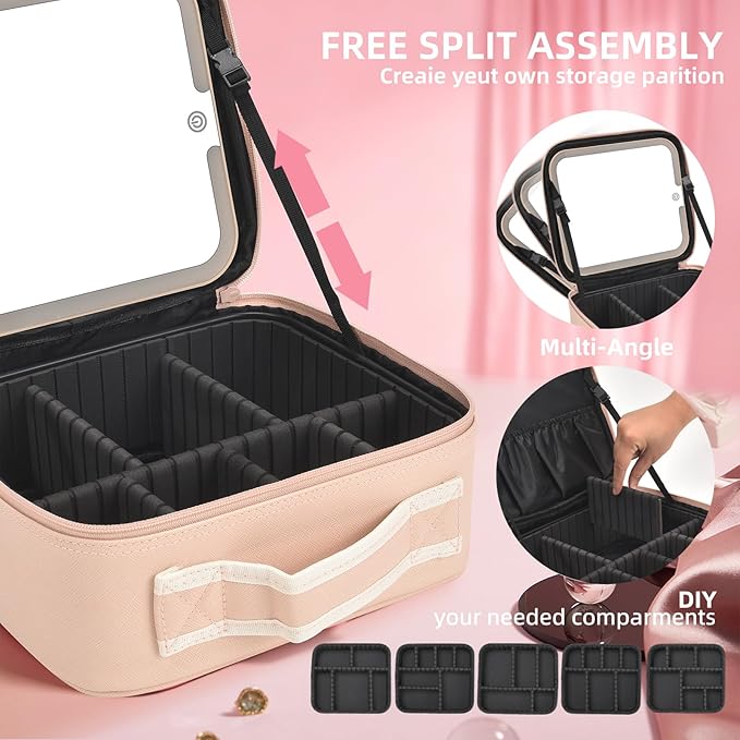Yaliang Travel Makeup Bag, Portable Makeup Case with LED Mirror, Removable Mirror with 3 Color Modes, 8 Adjustable EVA Dividers for Brushes Toiletry Jewelry Digital Accessories, Hot Pink